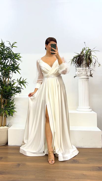 Bone Balloon Sleeve Embroidered Shoulders Design Plus Size Evening Dress
