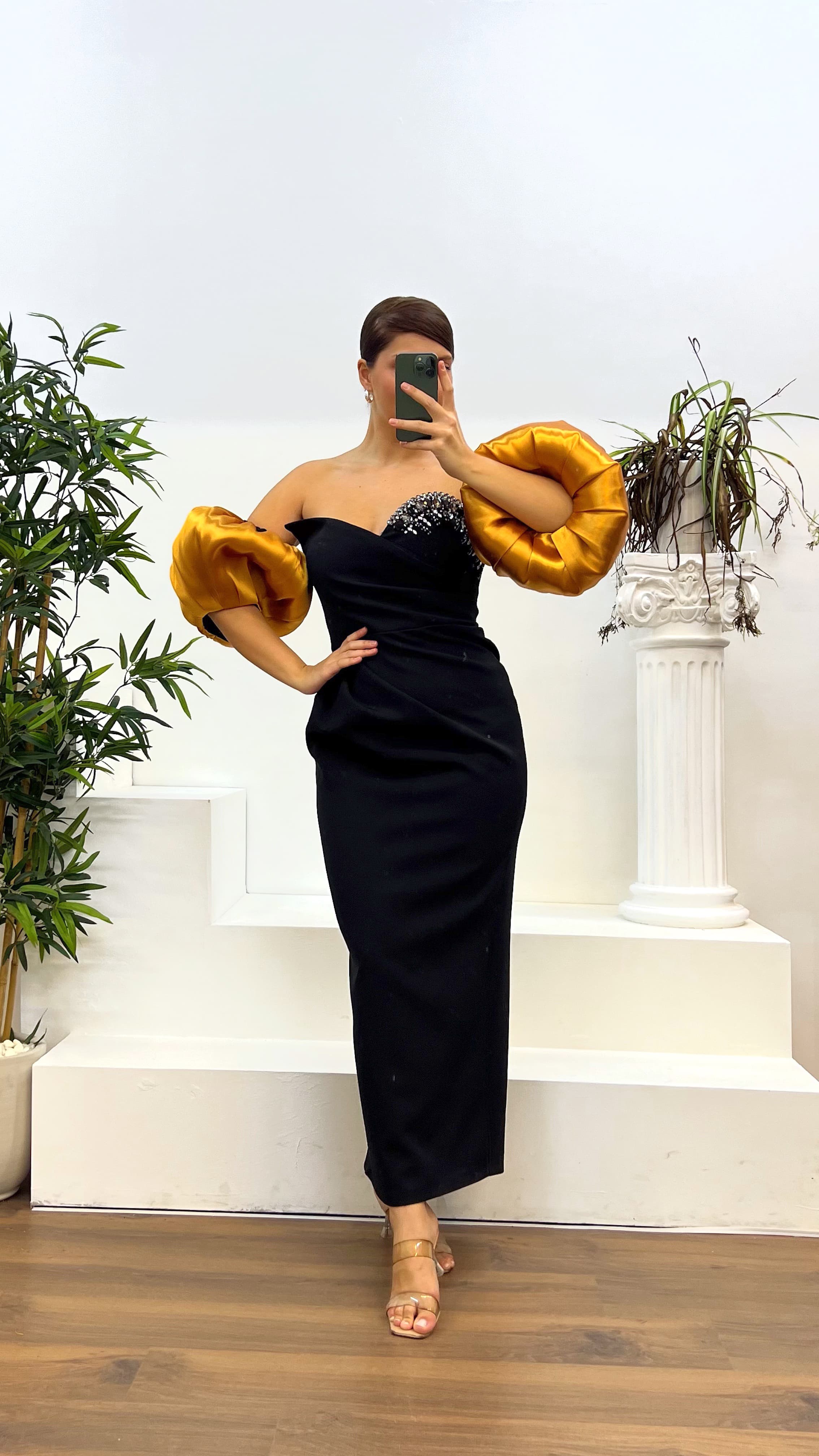 Caramel Balloon Sleeve Strapless Plus Size Evening Dress