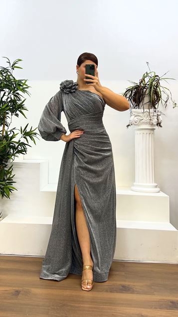 Silver One Sleeve Drape Detail Silvery Plus Size Evening Dress