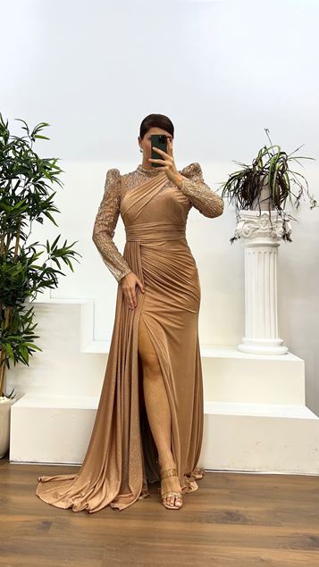 Gold Neck Detail Embroidered Design Plus Size Evening Dress