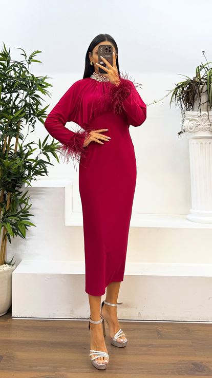 Fussia Neck Pearl Detail Sleeves Feathered Evening Dress