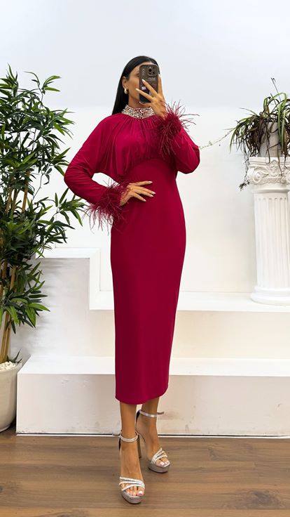 Fussia Neck Pearl Detail Sleeves Feathered Evening Dress