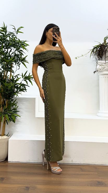 Khaki Boat Neck Embroidered Evening Dress