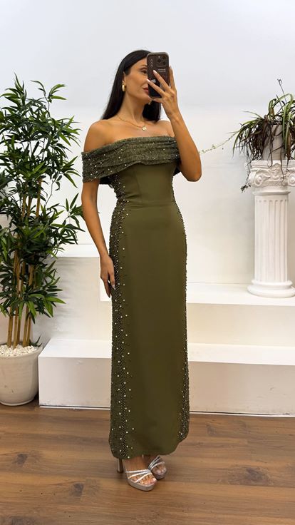 Khaki Boat Neck Embroidered Evening Dress