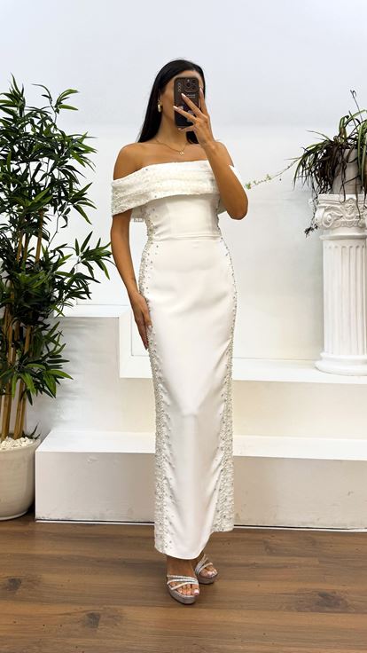 White Boat Neck Embroidered Evening Dress
