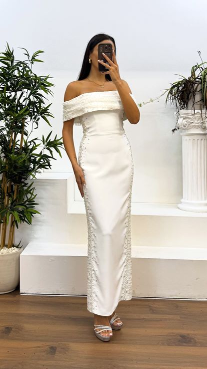 White Boat Neck Embroidered Evening Dress