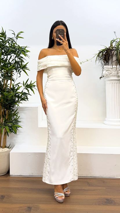 White Boat Neck Embroidered Evening Dress