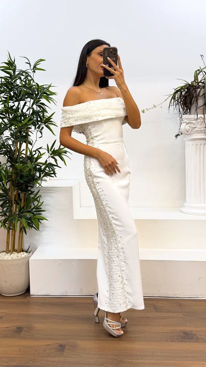 White Boat Neck Embroidered Evening Dress