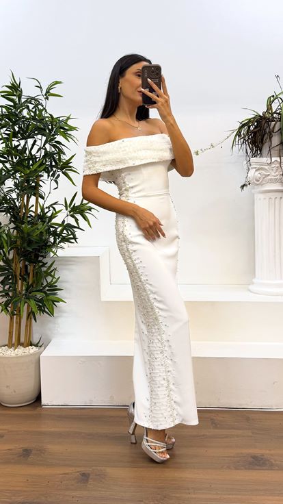 White Boat Neck Embroidered Evening Dress