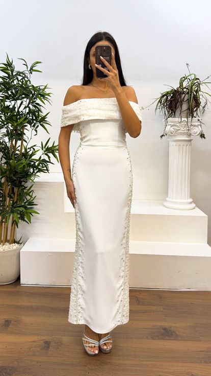 White Boat Neck Embroidered Evening Dress