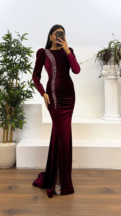 Burgundy Long Sleeve Draped Velvet Evening Dress