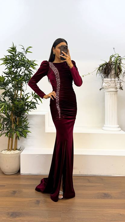 Burgundy Long Sleeve Draped Velvet Evening Dress