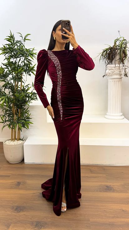 Burgundy Long Sleeve Draped Velvet Evening Dress