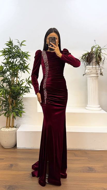 Burgundy Long Sleeve Draped Velvet Evening Dress