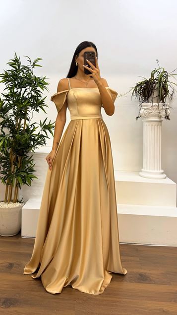 Gold Rope Strap Satin Evening Dress