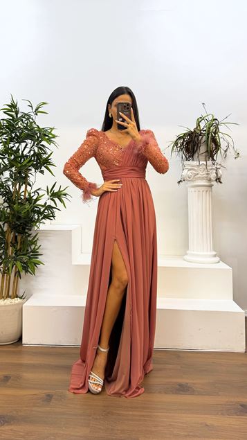 Feathered Evening Dress with Onion Skin Back Detail and Embroidered Chest