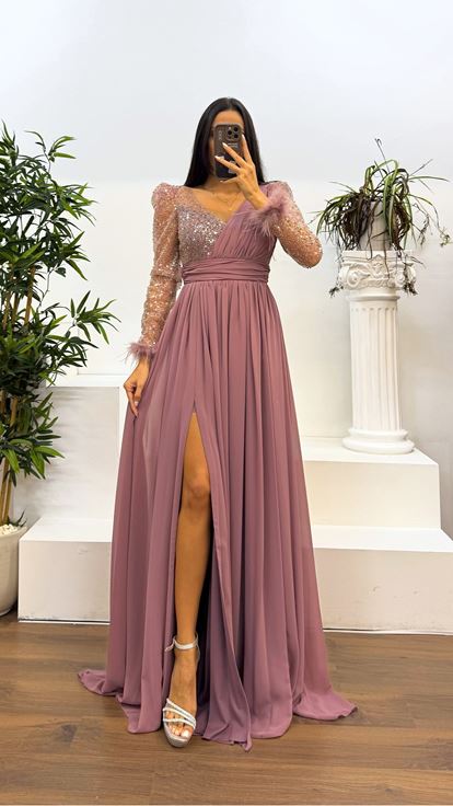 Lavender Back Detail Embroidered Feathered Evening Dress