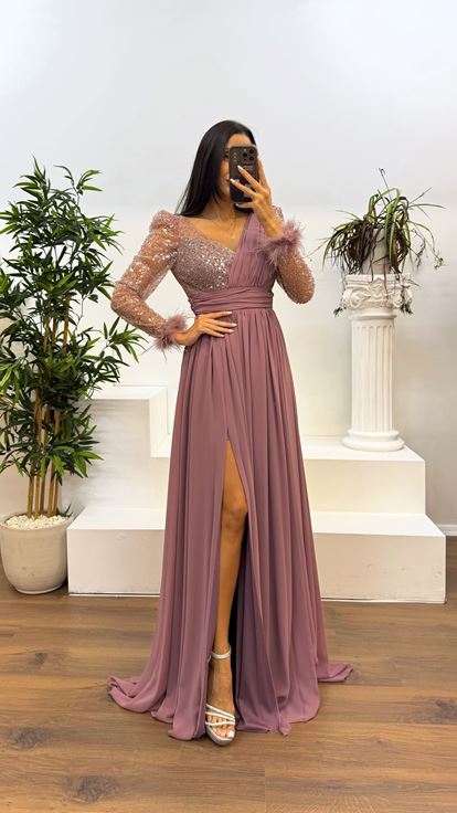 Lavender Back Detail Embroidered Feathered Evening Dress