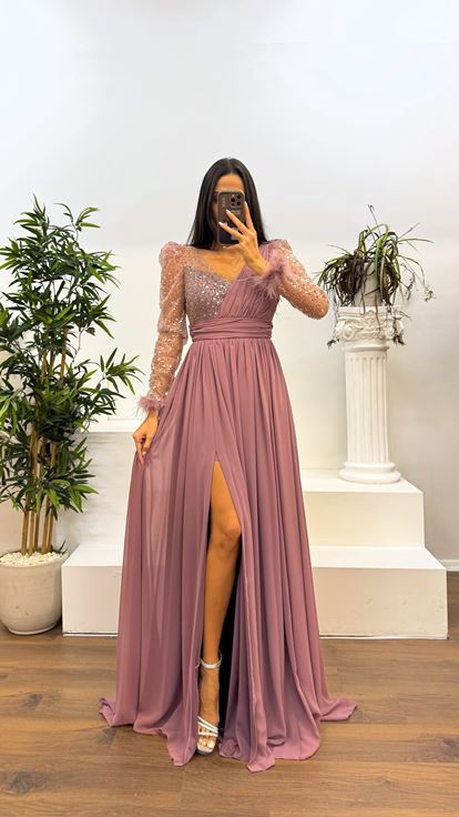 Lavender Back Detail Embroidered Feathered Evening Dress