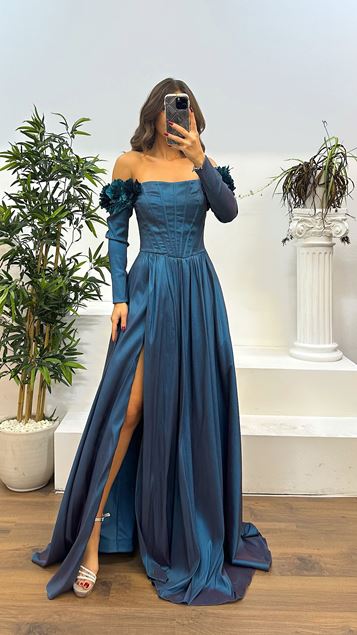 Petrol Boat Neck Long Sleeve Evening Dress