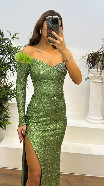 Mint Green Single Sleeve Feather Detail Embroidered Sequined Evening Dress