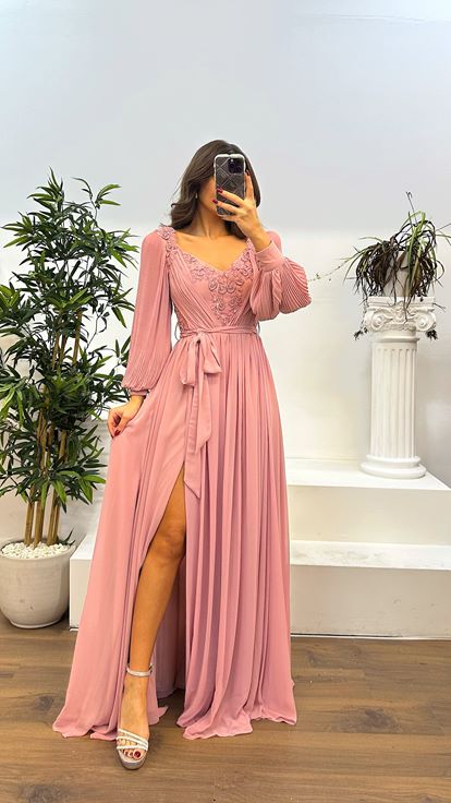 Pudra Göğsü İşleme Kuşaklı Abiye Elbise