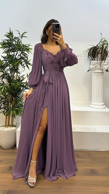 Lilac Evening Dress with Embroidered Belt on the Chest