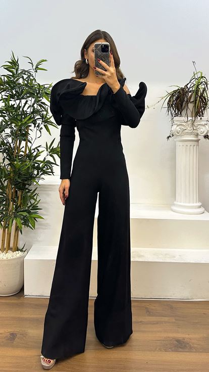 Black Boat Neck Evening Dress Jumpsuit Dress