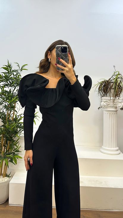 Black Boat Neck Evening Dress Jumpsuit Dress