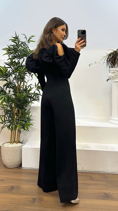 Black Boat Neck Evening Dress Jumpsuit Dress