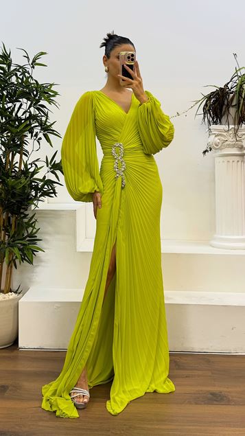 Apple Green Gathered Evening Dress with Embroidered Waist