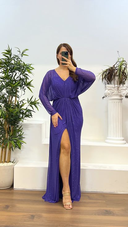 Abito da sera taglie forti trasparente con scollo a V lilla scuro