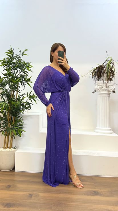 Abito da sera taglie forti trasparente con scollo a V lilla scuro