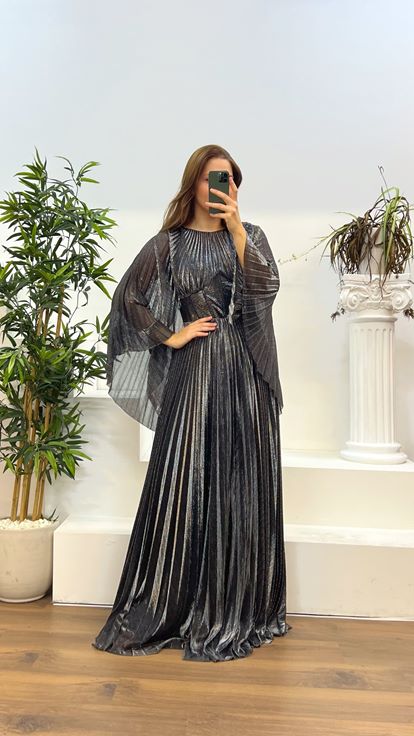 Black Silver Bat Sleeve Pleated Plus Size Evening Dress