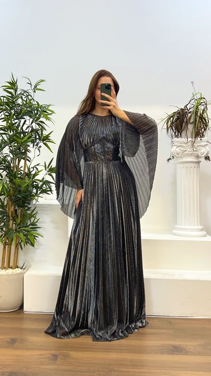 Black Silver Bat Sleeve Pleated Plus Size Evening Dress