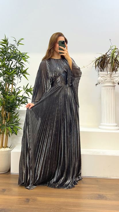 Black Silver Bat Sleeve Pleated Plus Size Evening Dress