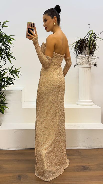 Gold Strapless Pipe Beaded Evening Dress