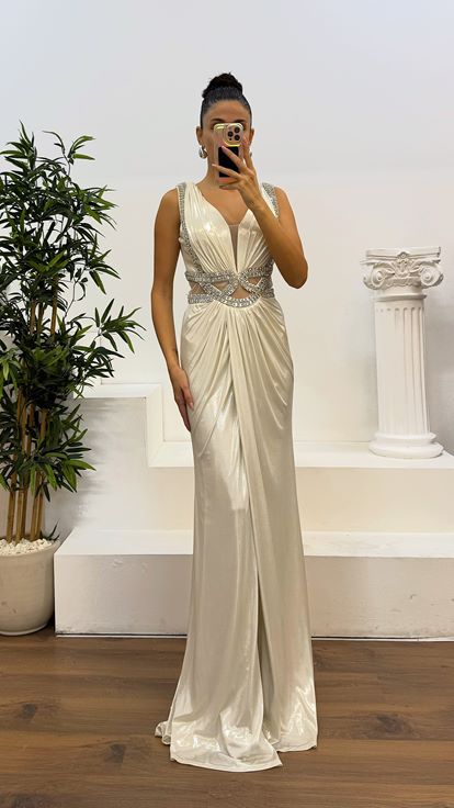 Bone Stone Embroidered Evening Dress