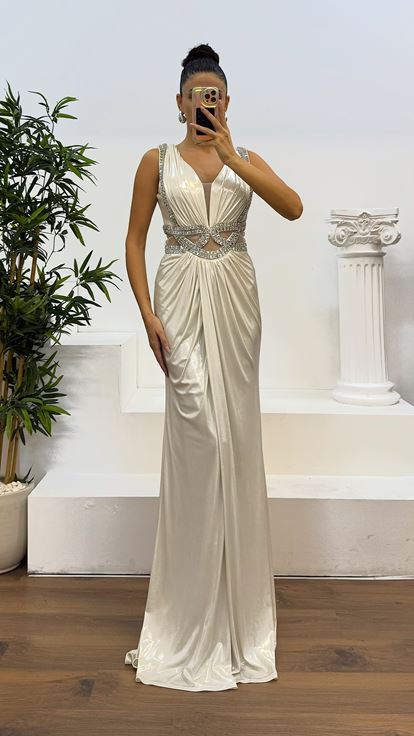 Bone Stone Embroidered Evening Dress