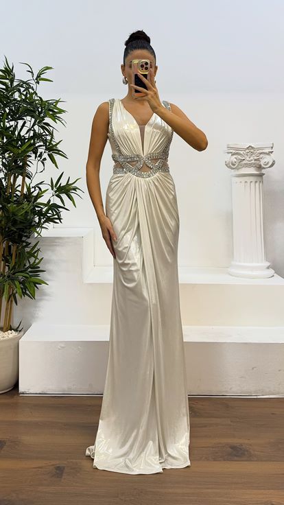 Bone Stone Embroidered Evening Dress