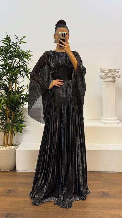 Black Silver Bat Sleeve Pleated Evening Dress