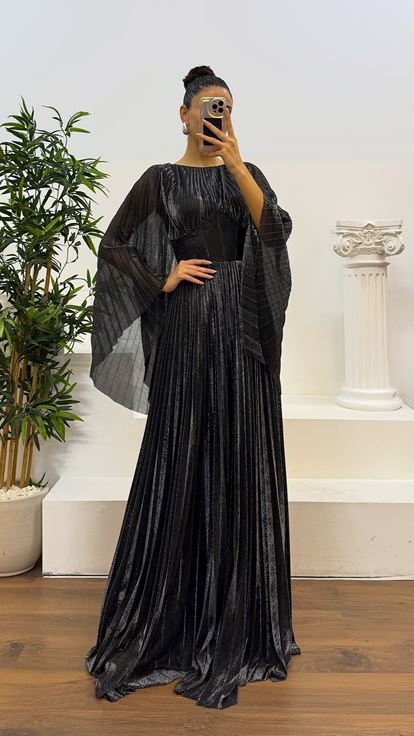Black Silver Bat Sleeve Pleated Evening Dress