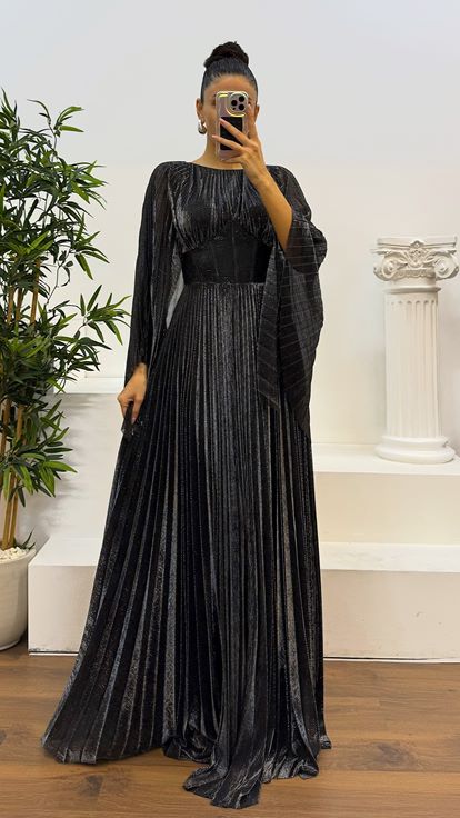 Black Silver Bat Sleeve Pleated Evening Dress