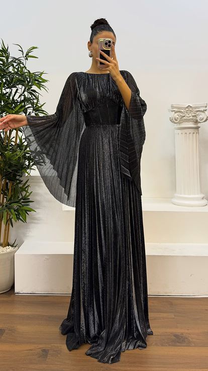 Black Silver Bat Sleeve Pleated Evening Dress