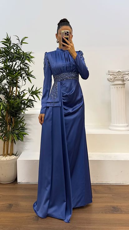 Indigo Waist Embroidered Satin Hijab Evening Dress