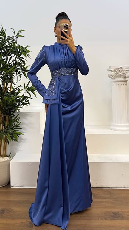 Indigo Waist Embroidered Satin Hijab Evening Dress