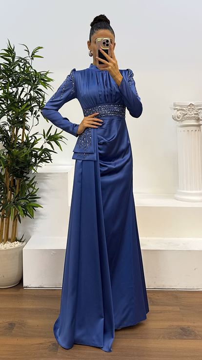 Indigo Waist Embroidered Satin Hijab Evening Dress