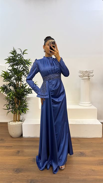 Indigo Waist Embroidered Satin Hijab Evening Dress
