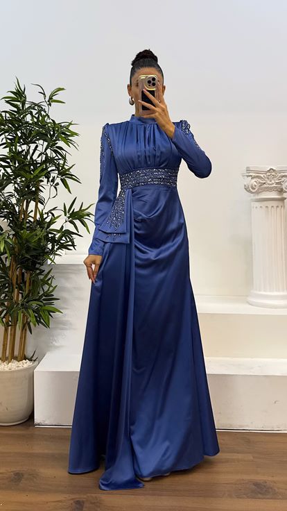 Indigo Waist Embroidered Satin Hijab Evening Dress