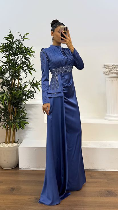 Indigo Waist Embroidered Satin Hijab Evening Dress